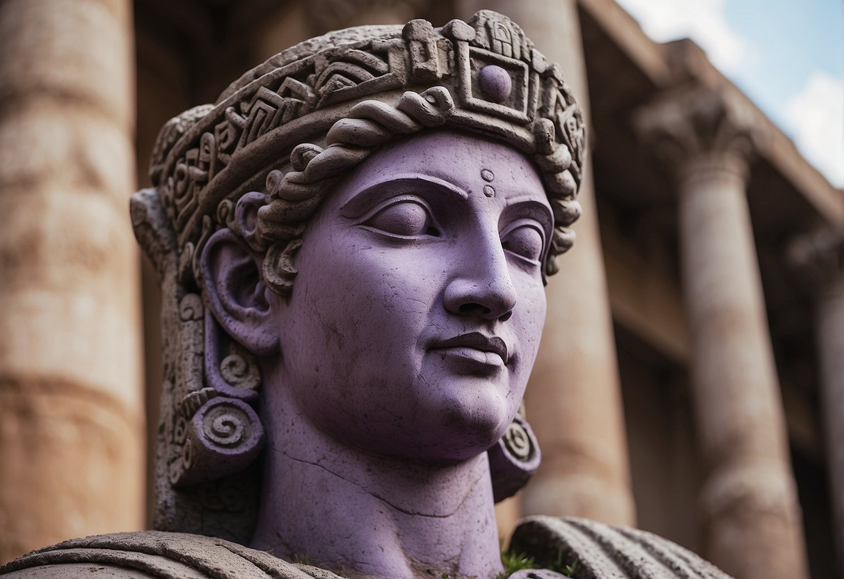 A regal figure with purple eyes overlooks ancient ruins and symbols of cultural significance