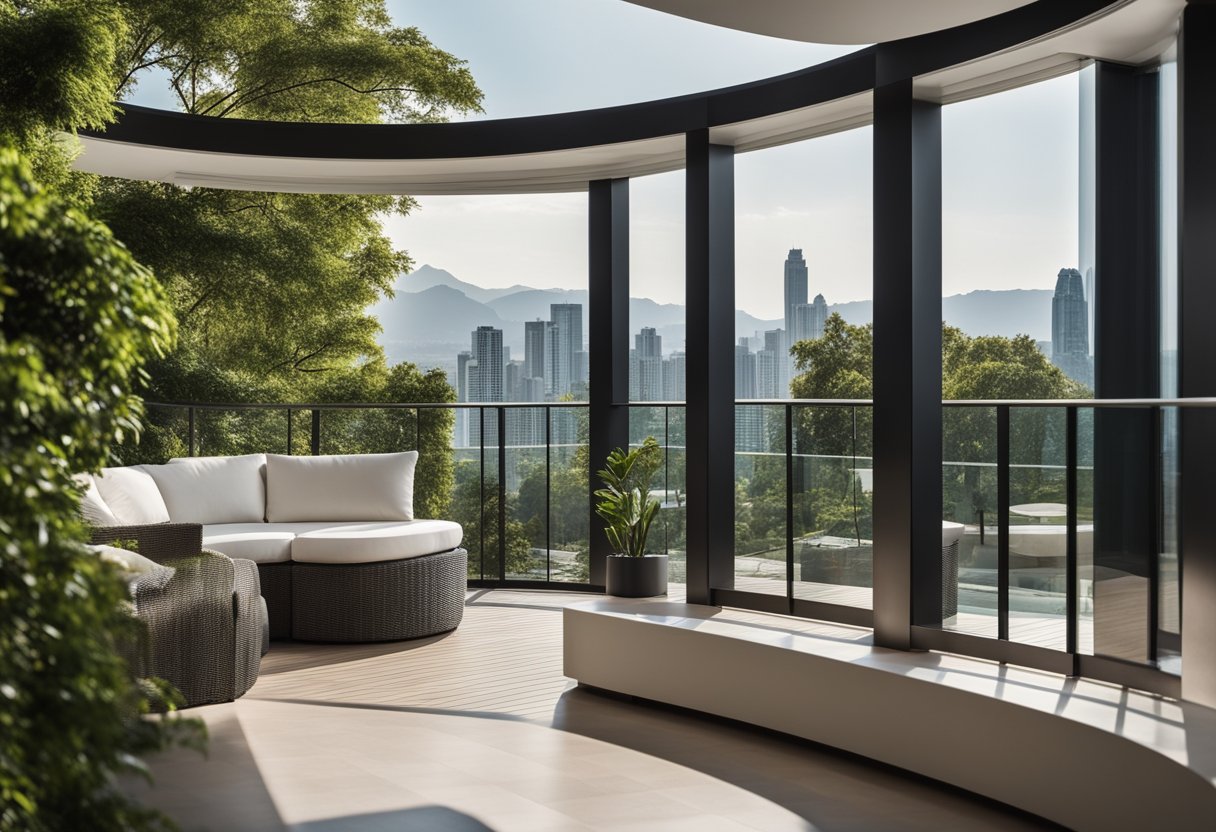 A modern, open-air balcony with sleek, curved lines and built-in entertainment features, surrounded by lush greenery and panoramic city views