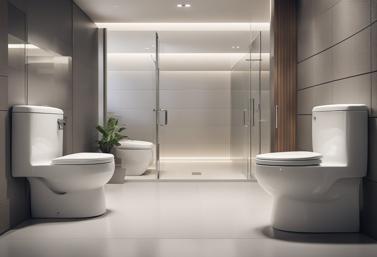 A clean, modern toilet with clear signage and accessible features, such as grab bars and raised seats. The space is well-lit and spacious, with a focus on functionality and comfort