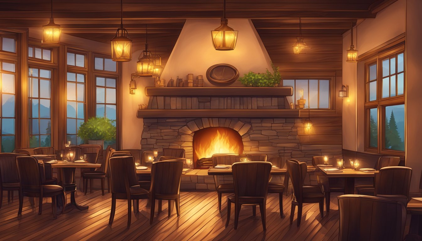 The warm glow of the fireplace illuminates the cozy interior of Embers restaurant, casting a flickering light on the rustic wooden tables and comfortable leather chairs