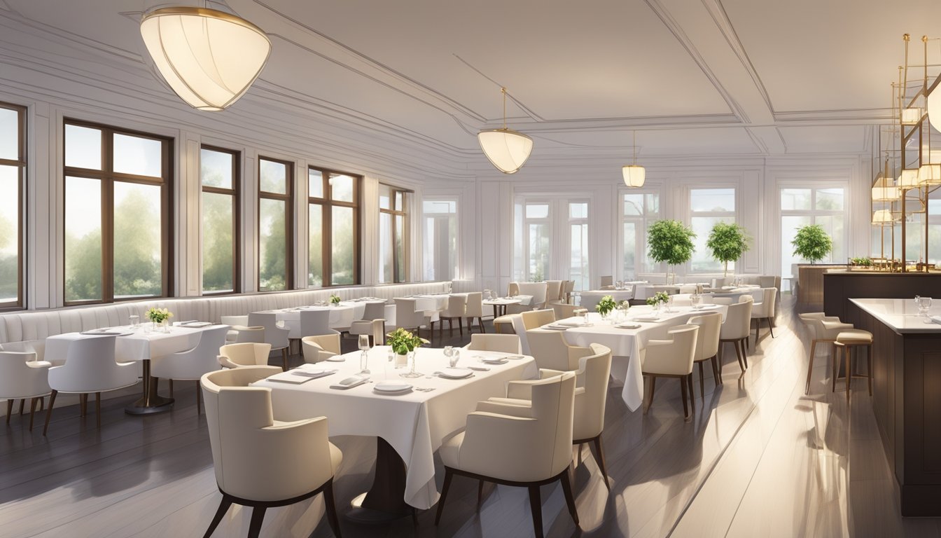 A white restaurant with modern furniture and large windows. Tables are set with white tablecloths and elegant tableware. A sleek bar lines one wall, and soft lighting creates a warm, inviting atmosphere