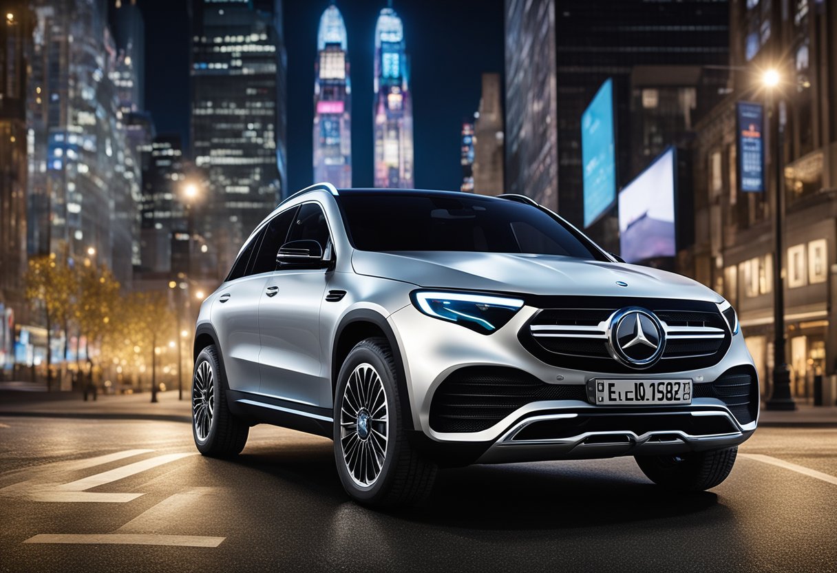 The Mercedes Electric SUV, EQC Encore, stood center stage in a Broadway play, illuminated by spotlights, with a backdrop of city lights