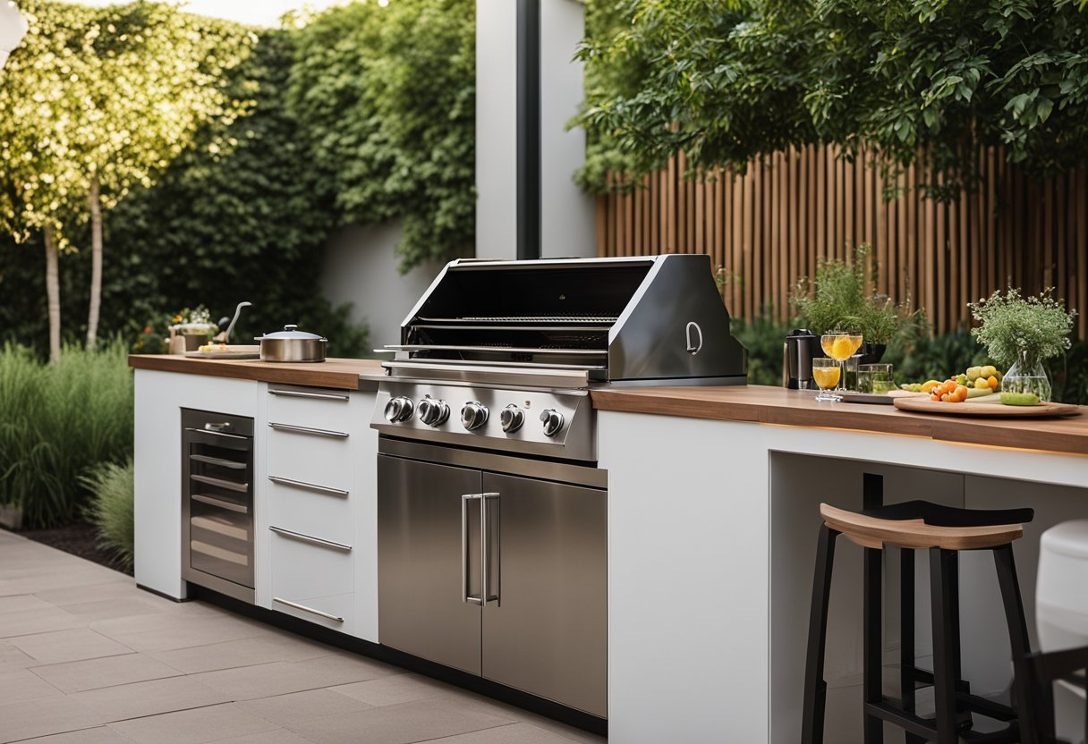 An outdoor kitchen with a sleek design, featuring a built-in grill, countertop space, and a stylish dining area surrounded by lush greenery
