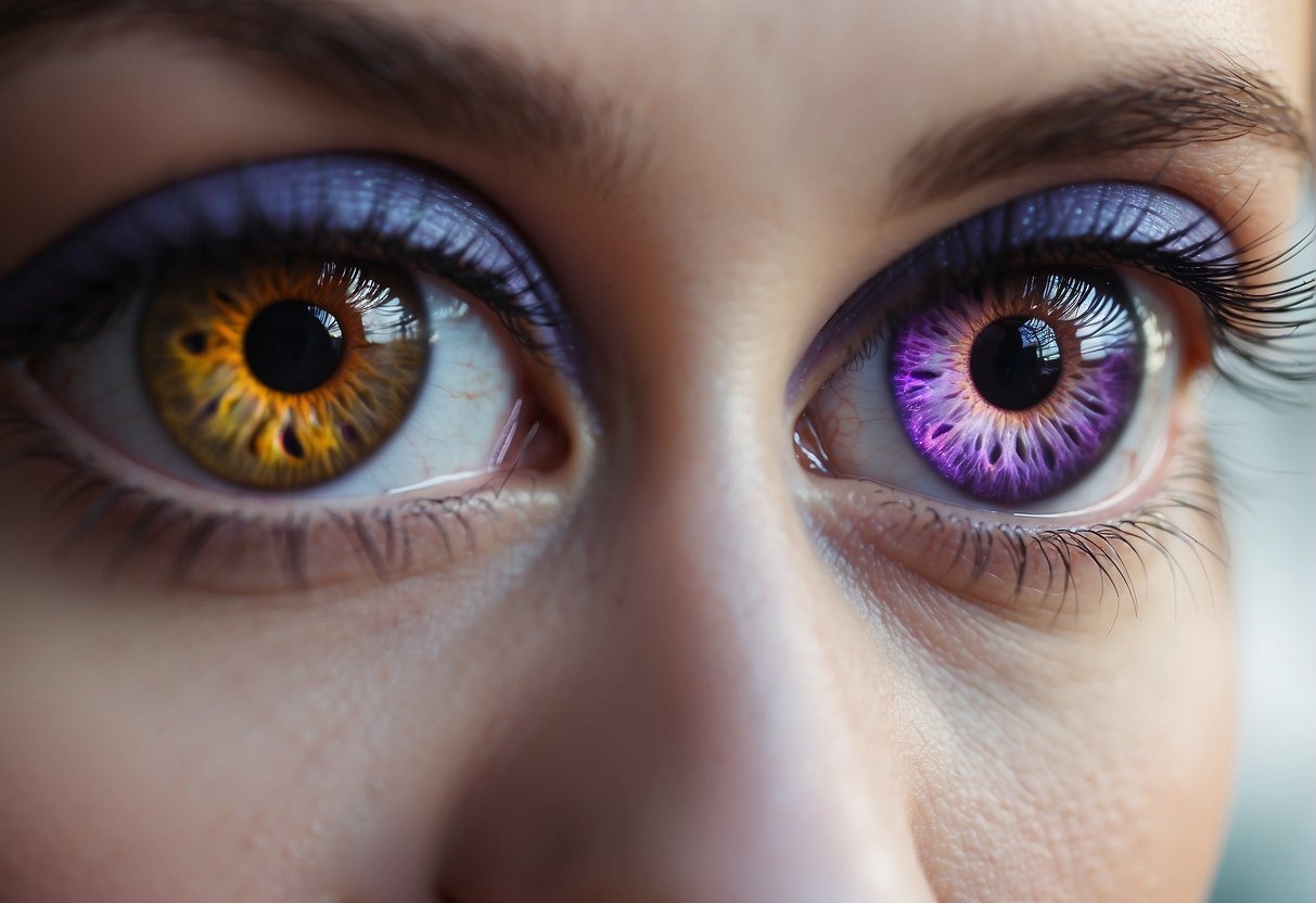 A pair of purple contact lenses surrounded by vibrant artificial coloring
