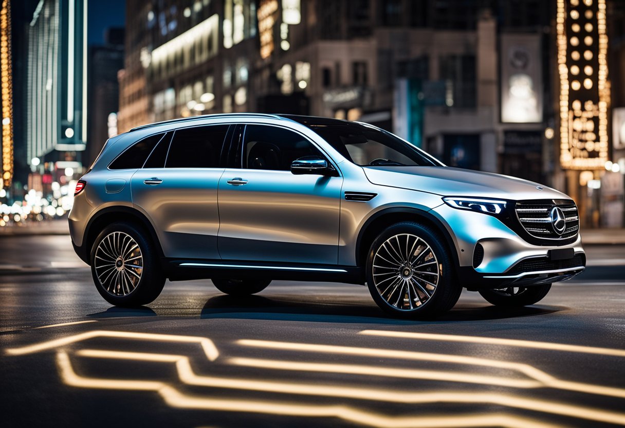 The Mercedes EQC Electric SUV shines under spotlight on a Broadway stage, captivating the audience with its sleek design and cutting-edge technology