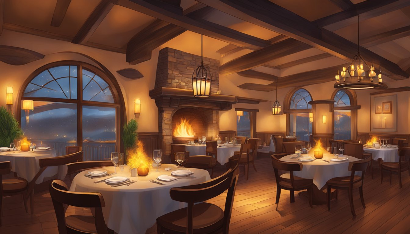 The warm glow of Embers Restaurant fills the cozy space, with flickering flames dancing in the fireplace and soft lighting casting a welcoming ambiance
