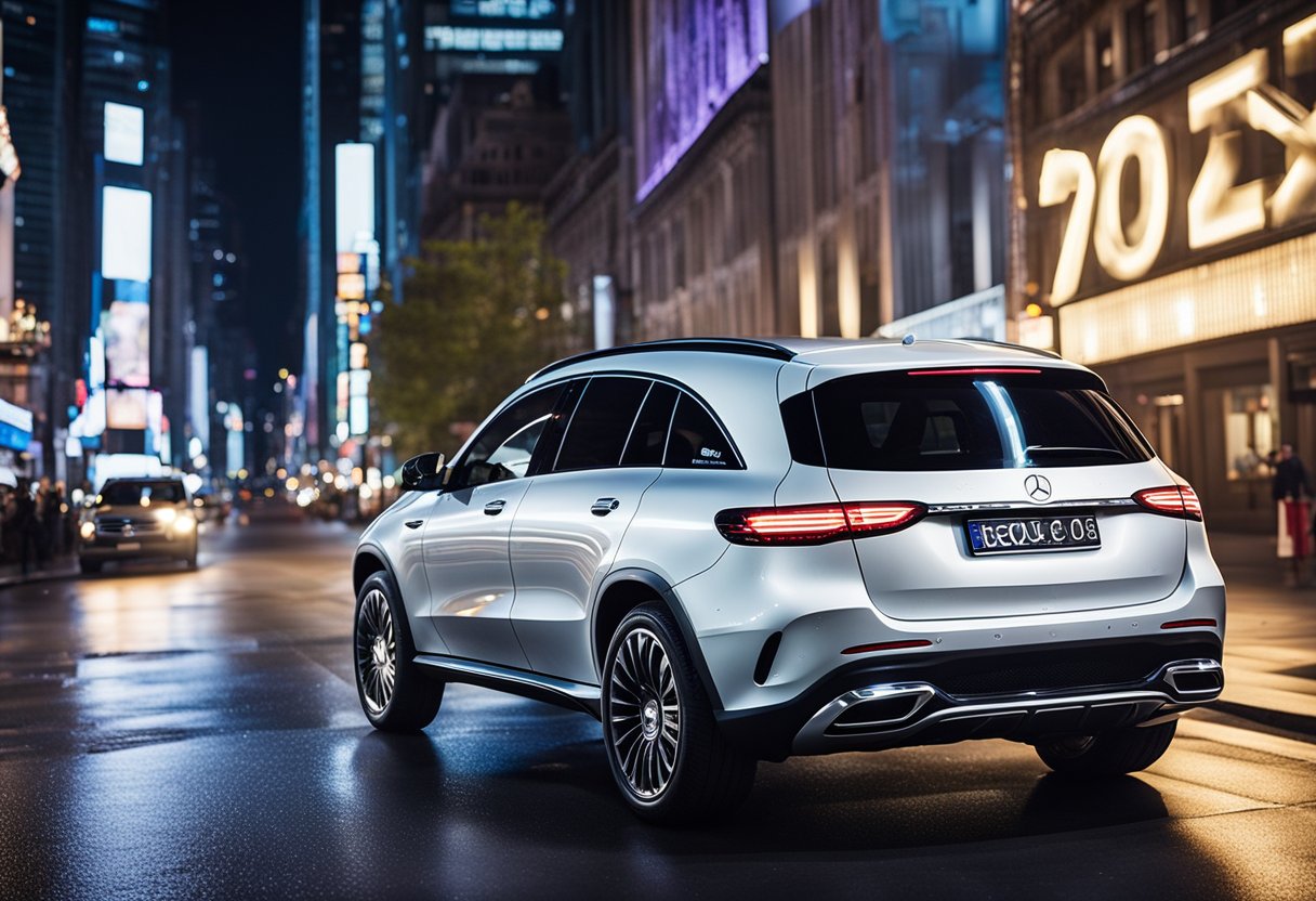 The Mercedes EQC Electric SUV shines under bright stage lights in a Broadway play, captivating the audience with its sleek design and powerful presence