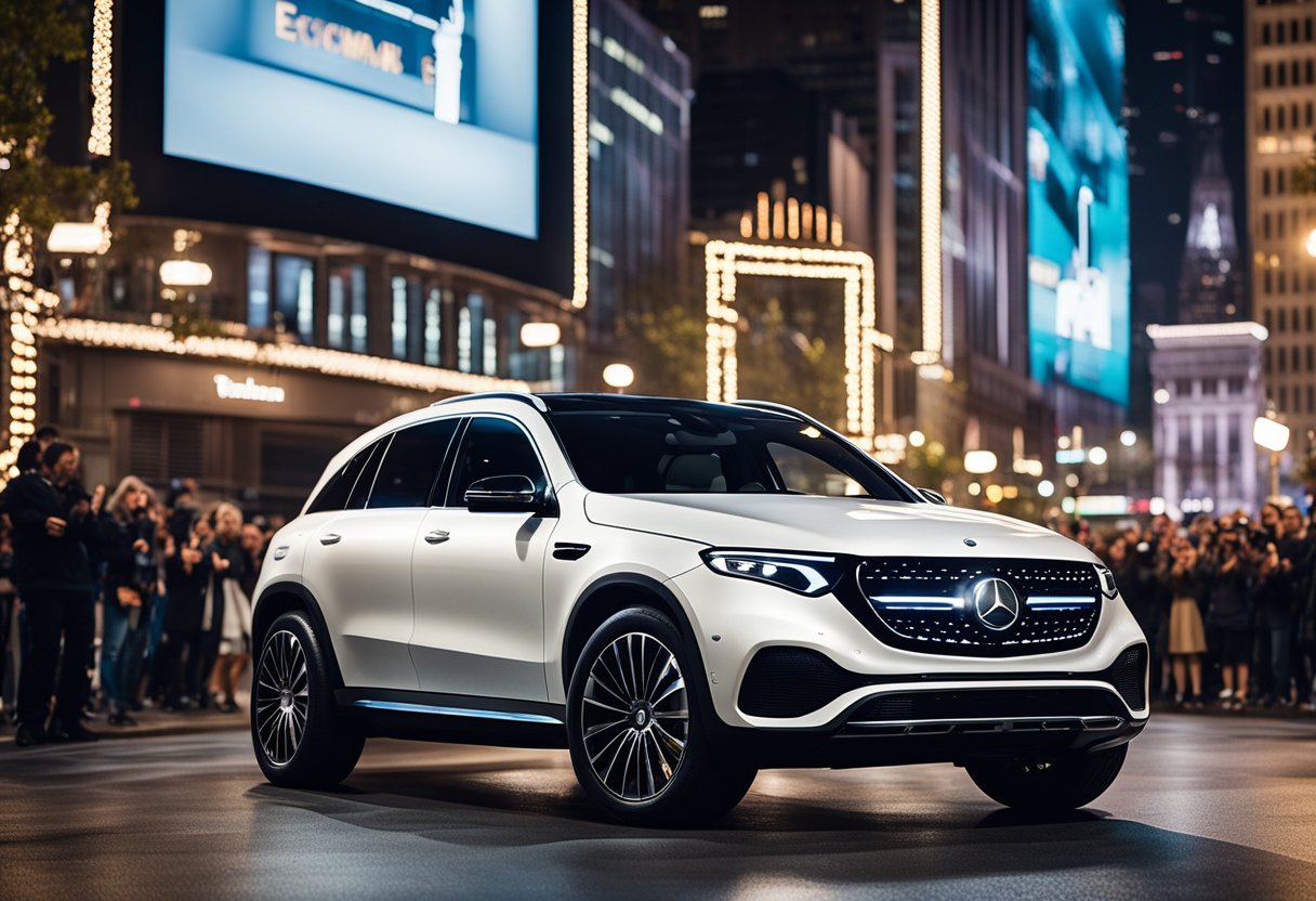 The Mercedes EQC Encore SUV shines on a Broadway stage, surrounded by dazzling lights and a captivated audience