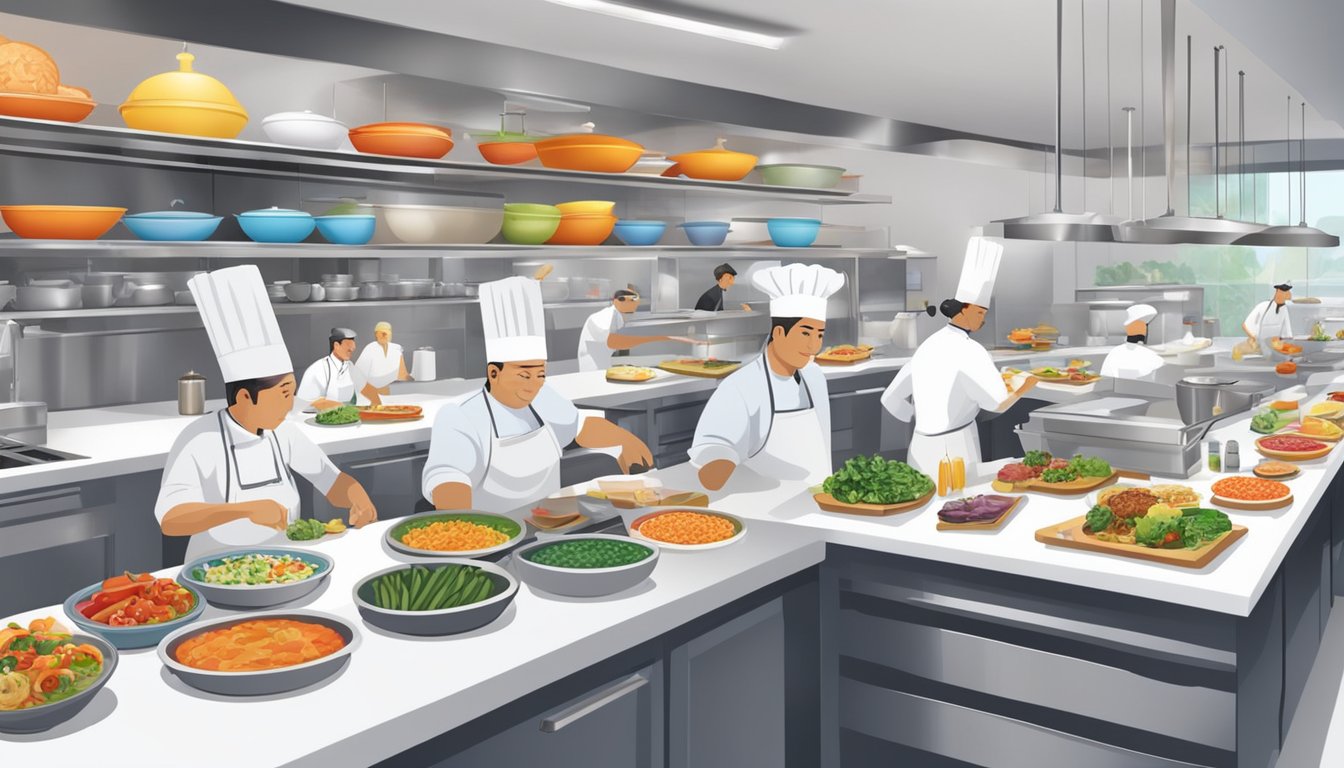 A bustling kitchen with chefs preparing colorful dishes in a modern, white-themed restaurant. A display of signature dishes and culinary delights adorns the countertops