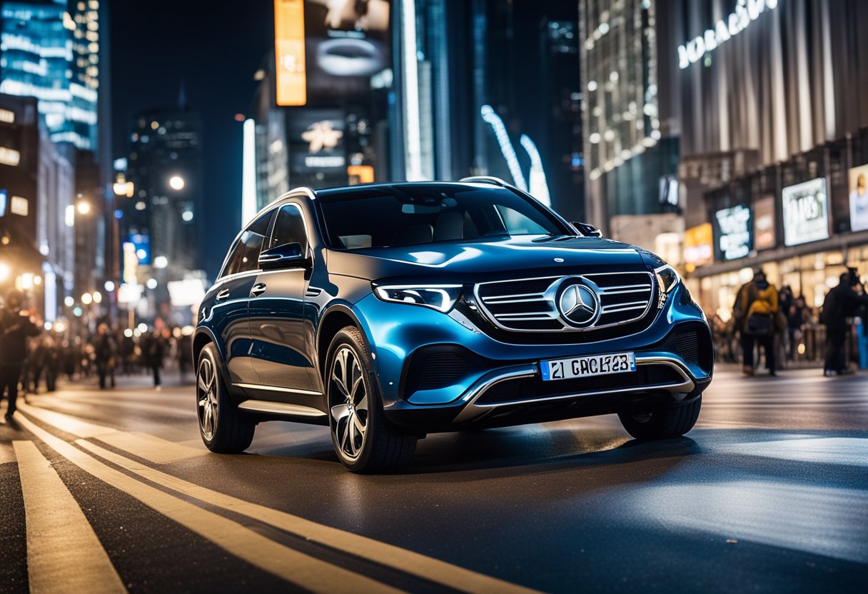 The Mercedes EQC Electric SUV shines on a Broadway stage, surrounded by dazzling lights and a captivated audience