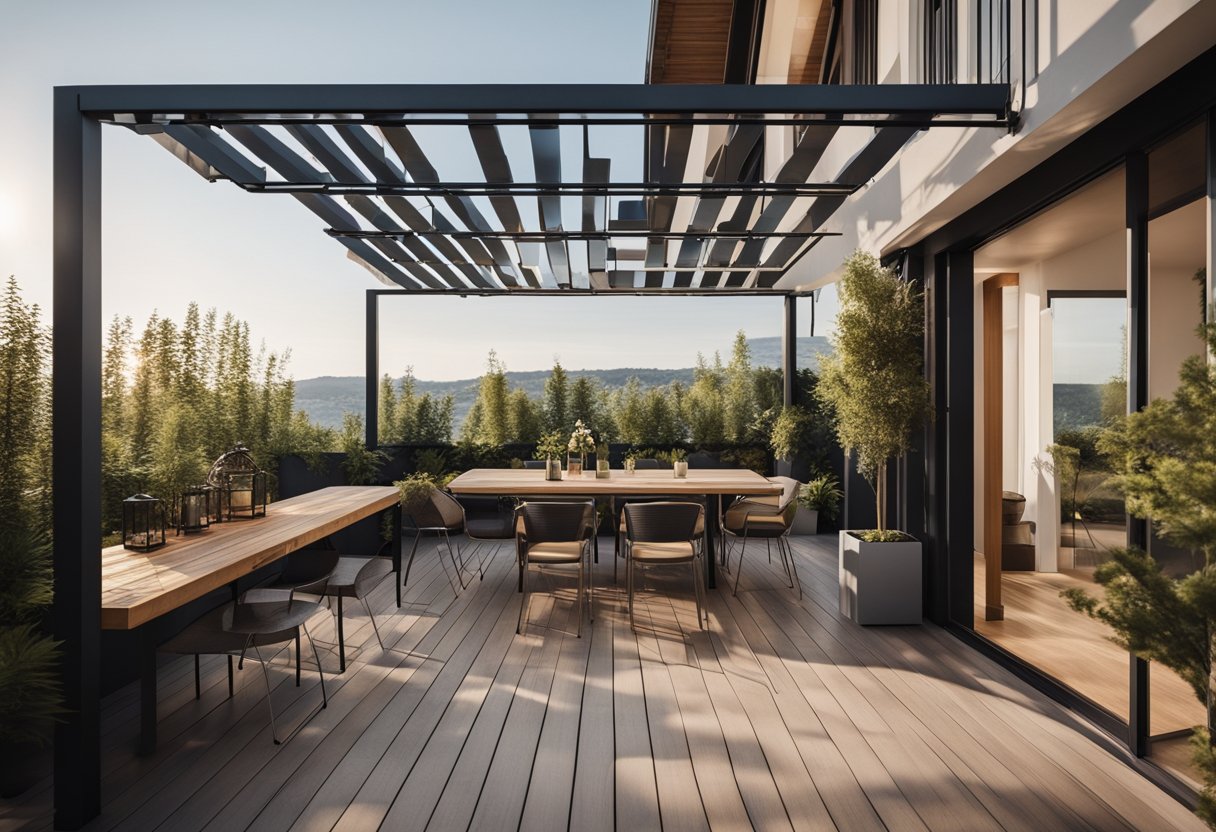 A modern balcony with a unique roof design, featuring pergola-style beams and integrated lighting for a cozy outdoor space