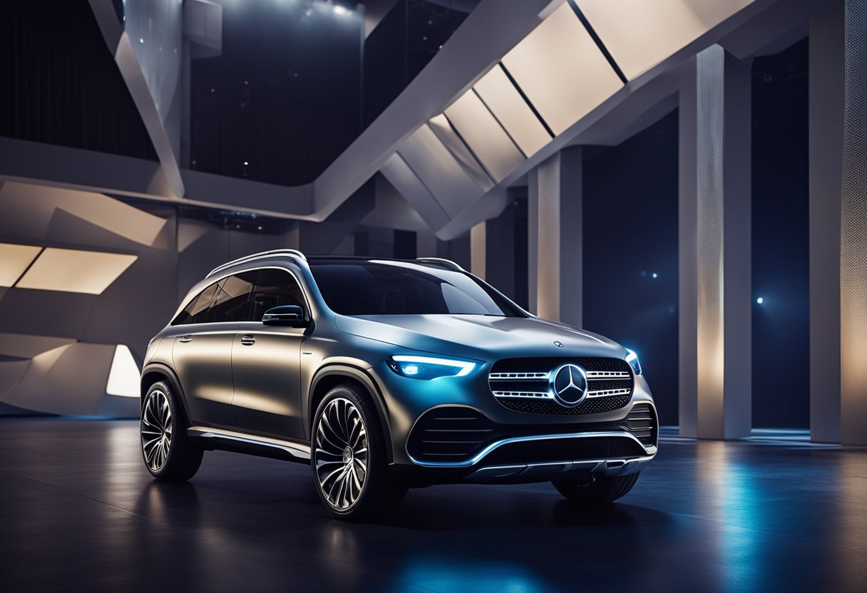 The Mercedes Electric SUV dominates the stage, with a spotlight highlighting its sleek design and cutting-edge technology. The audience is captivated by its powerful presence