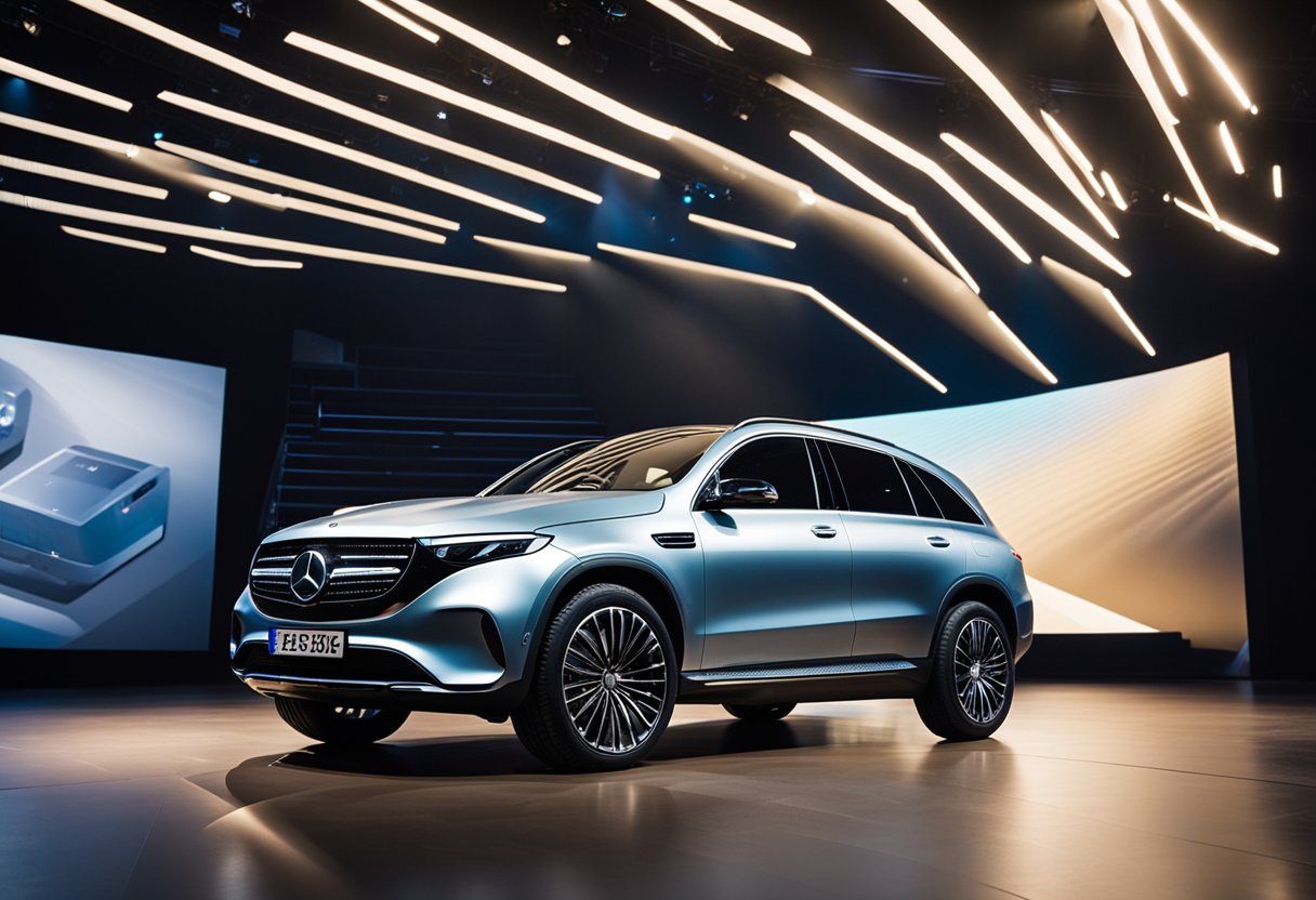 The Mercedes EQC Electric SUV shines under the spotlight on a Broadway stage, captivating the audience with its sleek design and cutting-edge technology