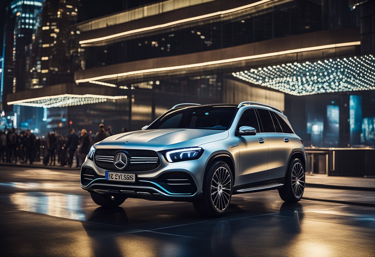 The Mercedes Electric SUV shines under spotlight on a Broadway stage, surrounded by futuristic cityscape backdrop