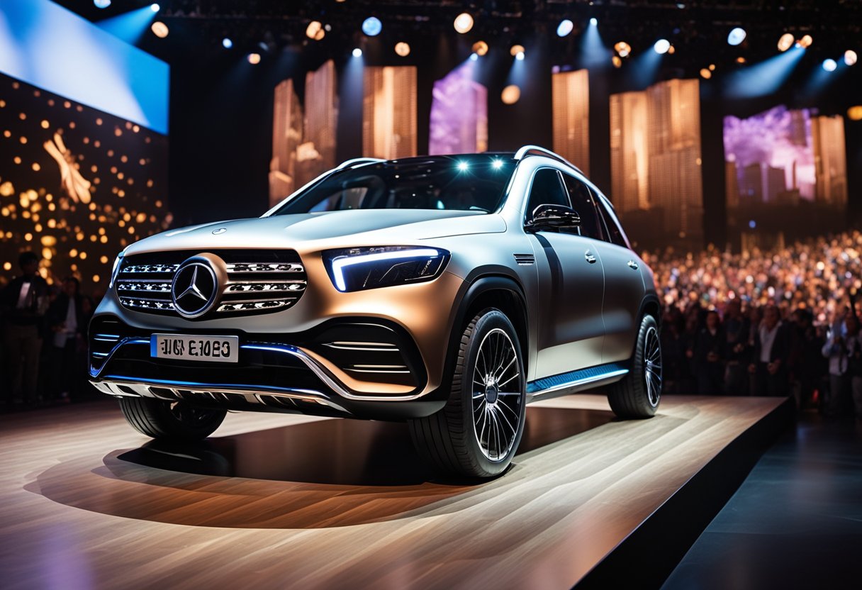 The Mercedes Electric SUV shines under the spotlight on a Broadway stage, surrounded by an enthusiastic audience and dazzling set design