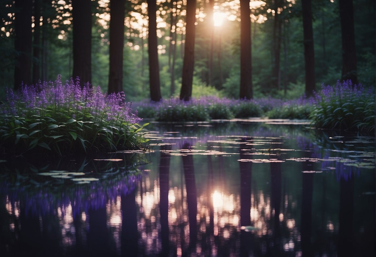 A mysterious forest with glowing purple flowers and a shimmering pond reflecting the color of the sky