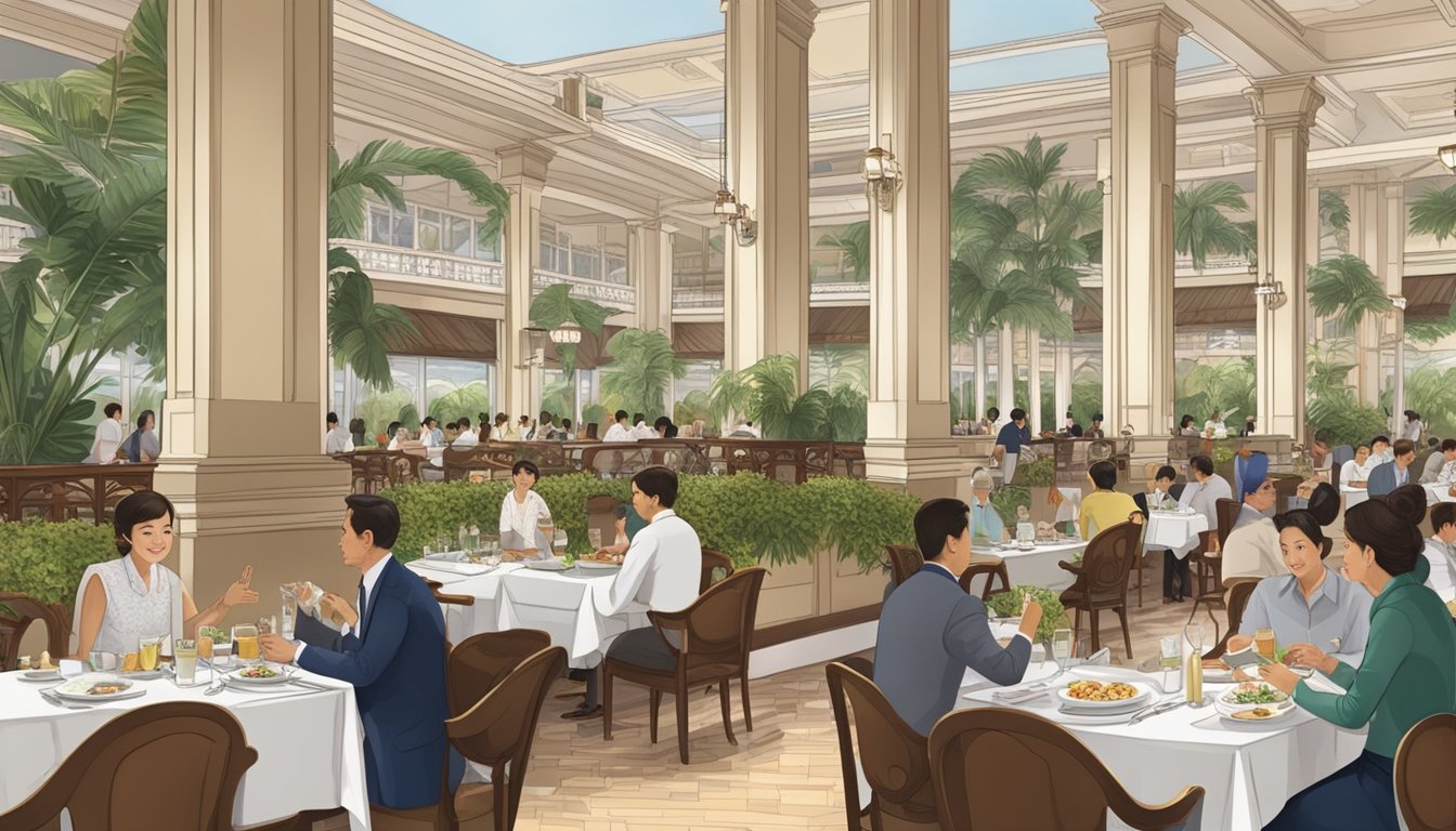 The bustling atmosphere of the Raffles Hotel restaurant, with diners enjoying their meals and staff attending to their needs
