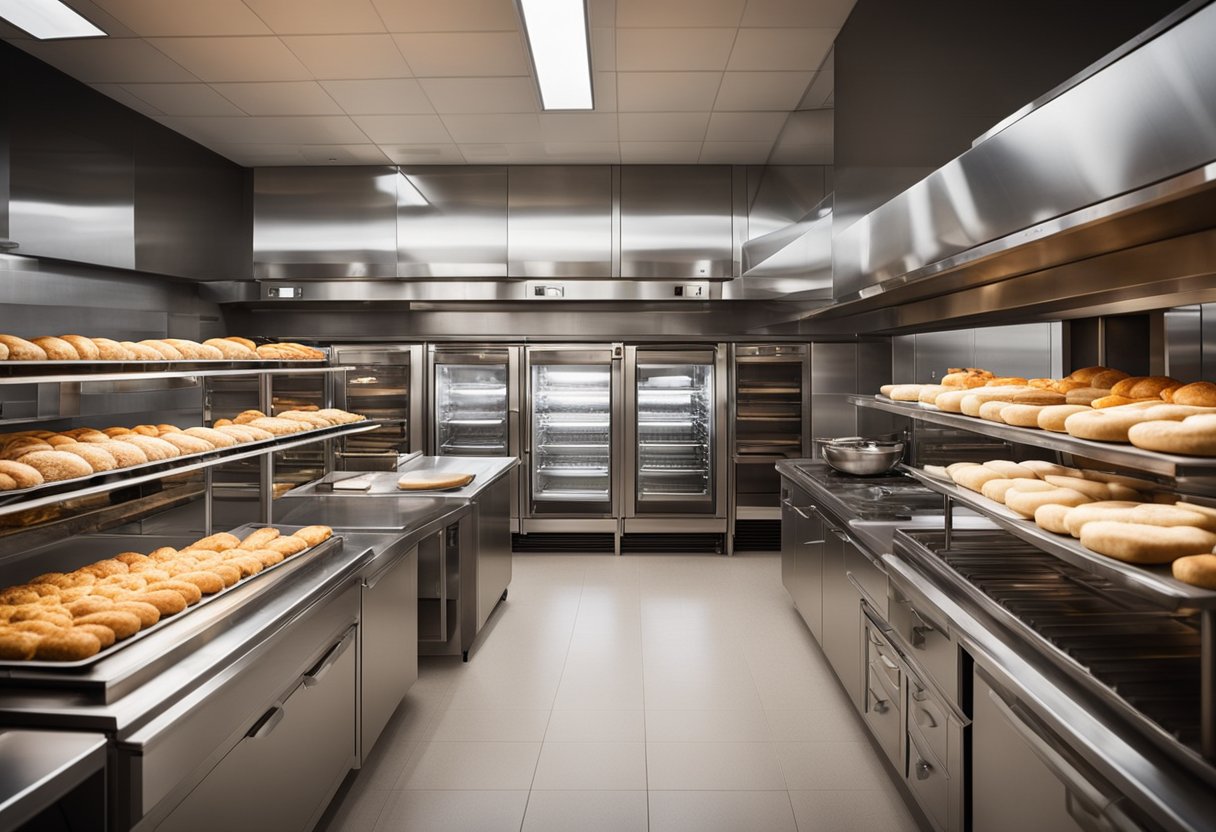 A compact bakery kitchen with a central work station, multiple ovens, and ample counter space. Shelves line the walls for storage, and a display case sits near the entrance