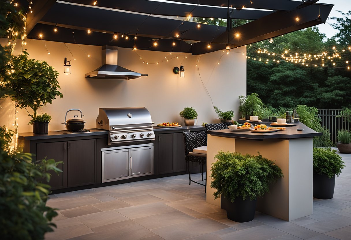 An outdoor kitchen with sleek countertops, a built-in grill, and a spacious dining area surrounded by lush greenery and twinkling string lights