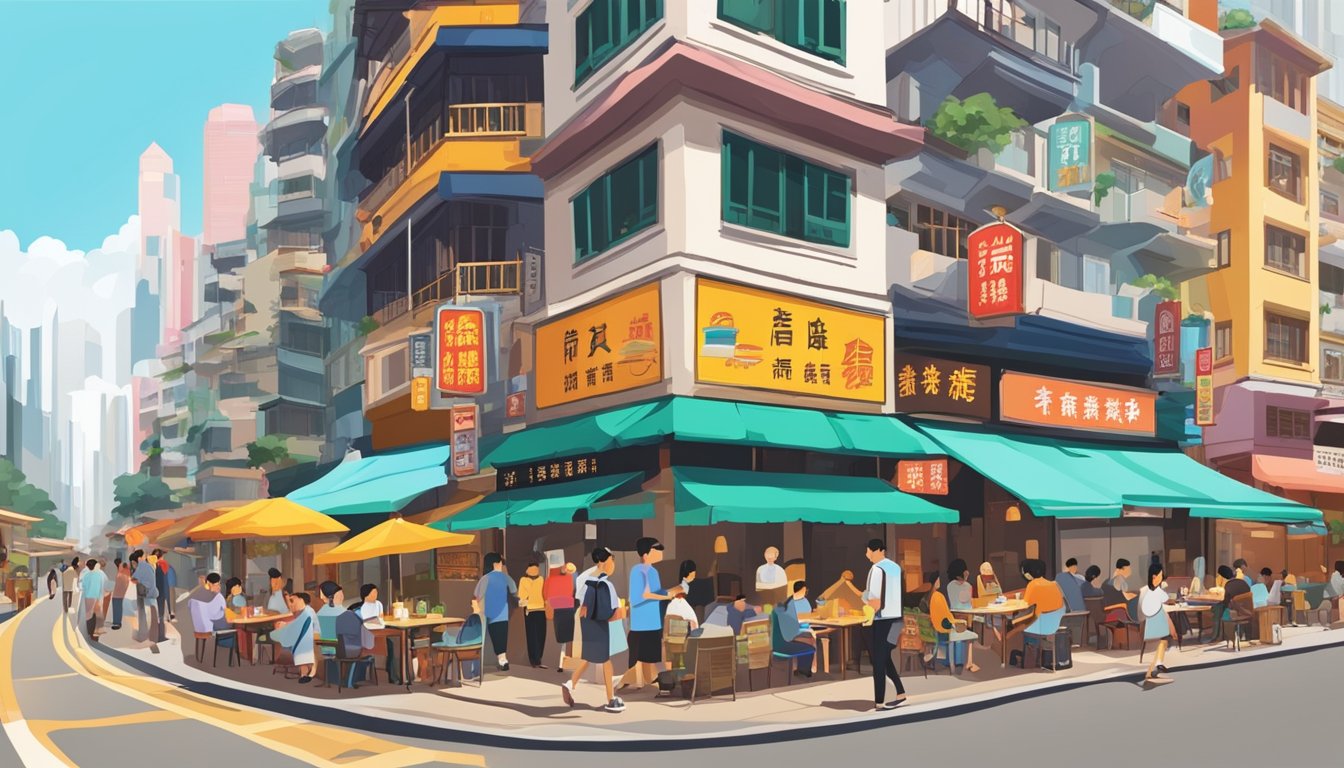 A bustling Hong Kong street with a family restaurant, colorful signage, outdoor seating, and a mix of locals and tourists