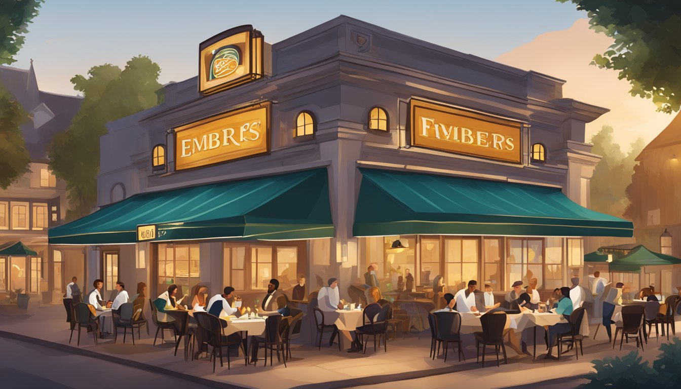 Embers restaurant: signboard with "Frequently Asked Questions" logo, outdoor seating, bustling waitstaff, diners enjoying meals