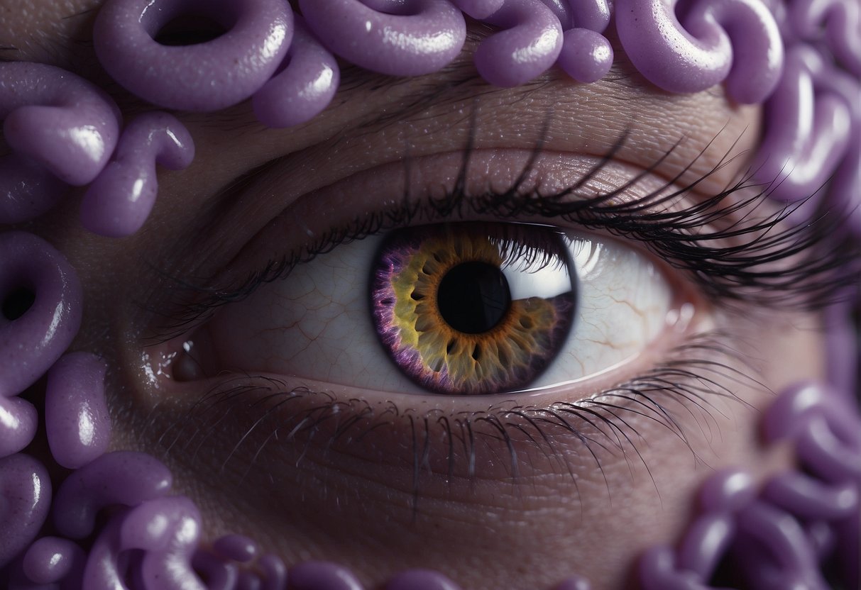 A pair of purple eyes surrounded by question marks, floating in a sea of swirling colors