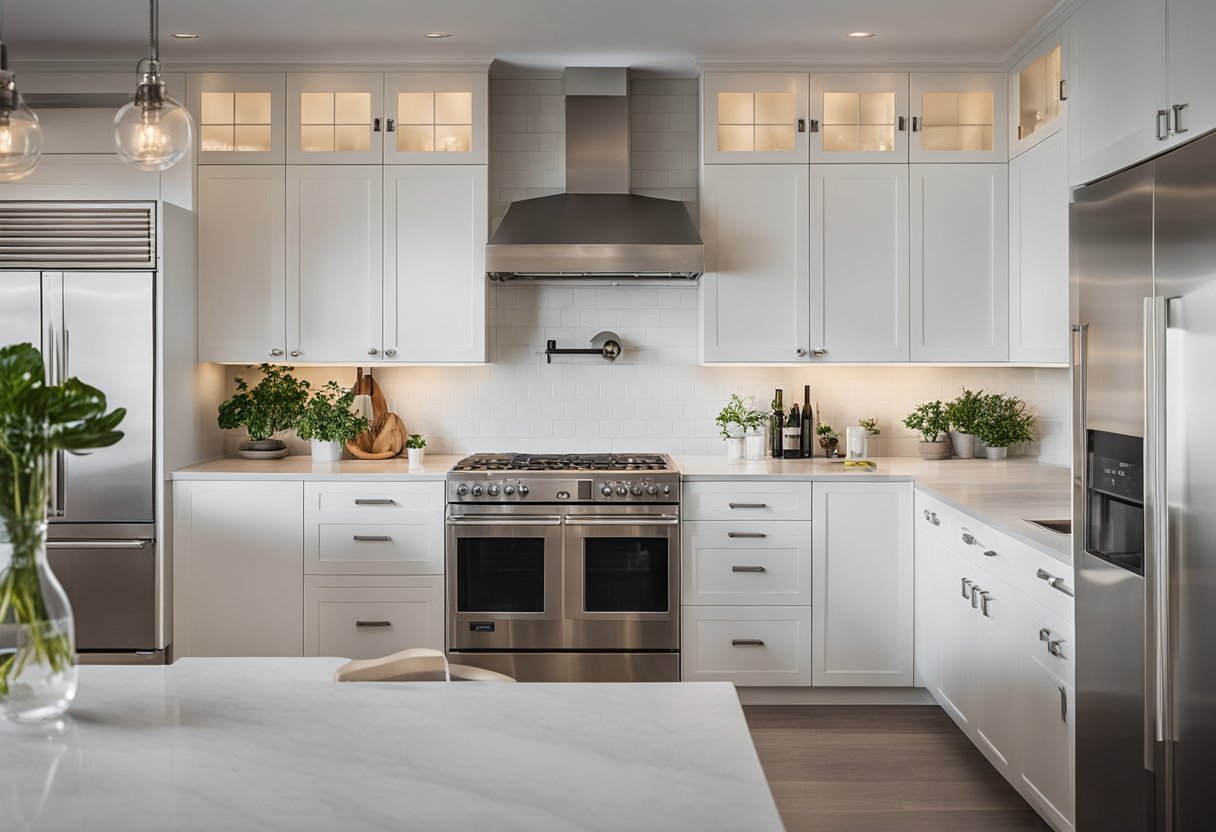 A modern kitchen with sleek white IKEA cabinets, stainless steel appliances, and a large island with a quartz countertop