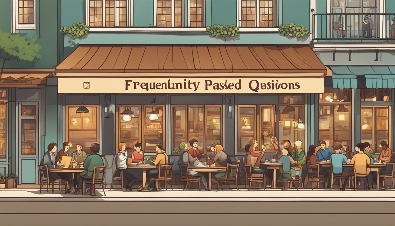 A busy restaurant with a sign "Frequently Asked Questions ginger restaurant" and people enjoying meals at tables