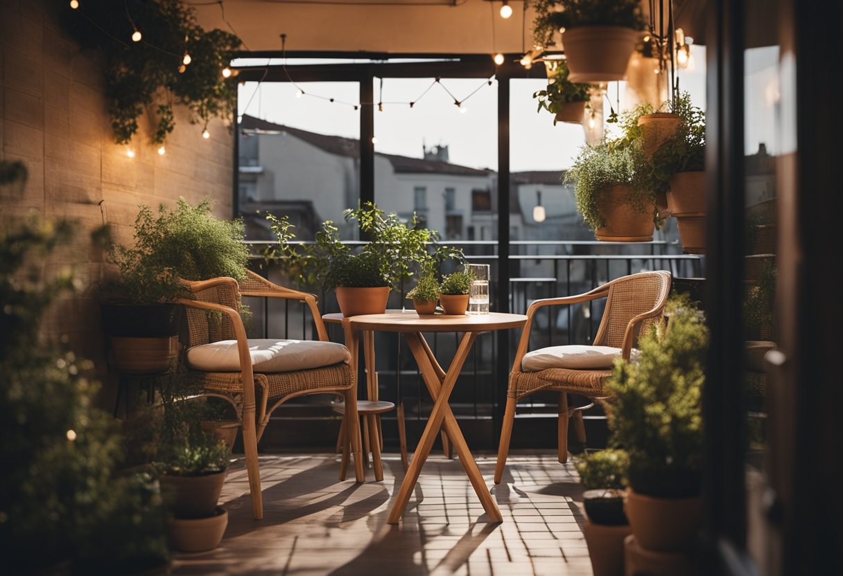 A cozy balcony with potted plants, a small bistro table, and string lights creating a warm and inviting atmosphere
