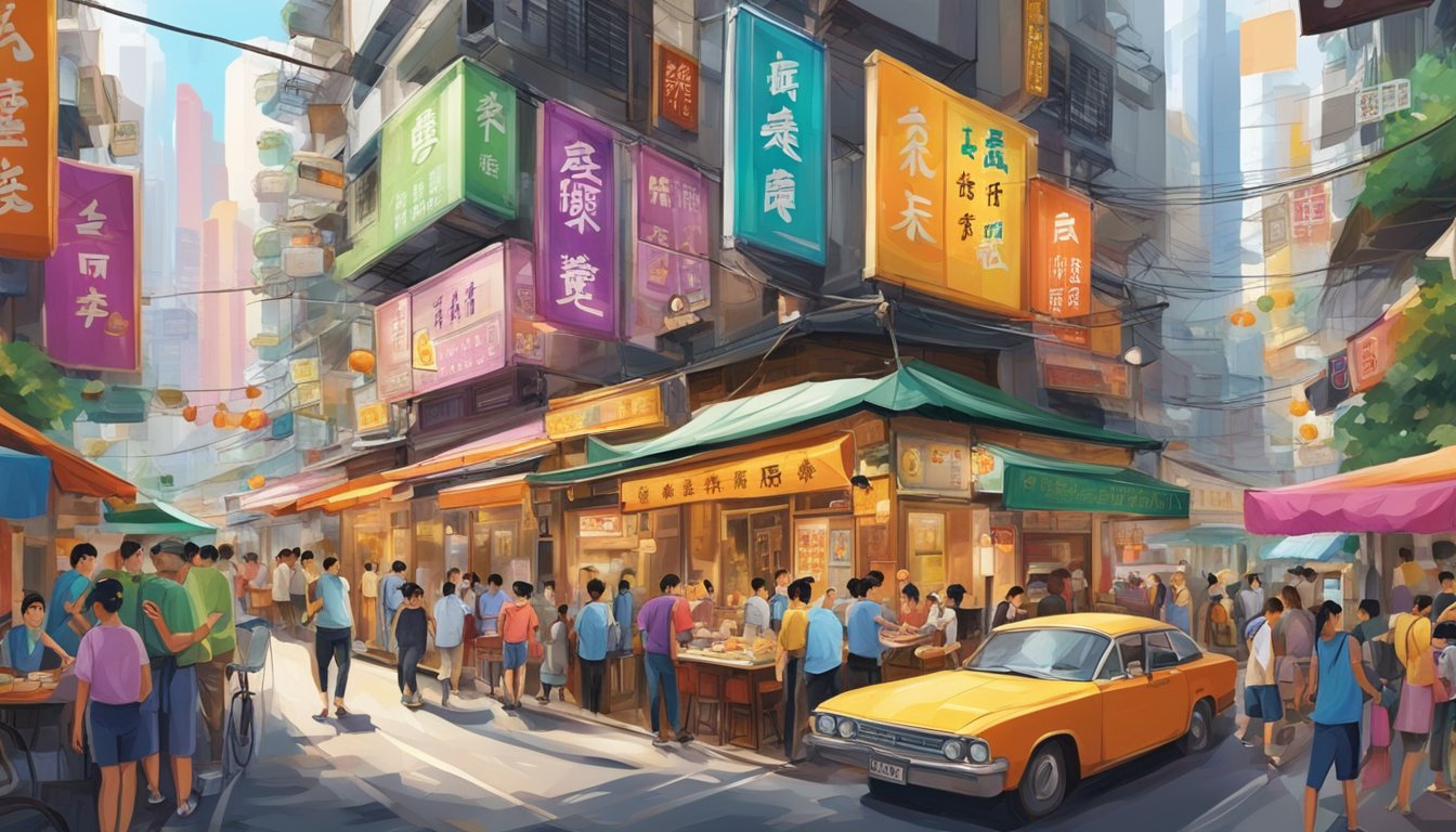 A bustling Hong Kong street with a colorful family restaurant, filled with customers and surrounded by vibrant signs and bustling activity