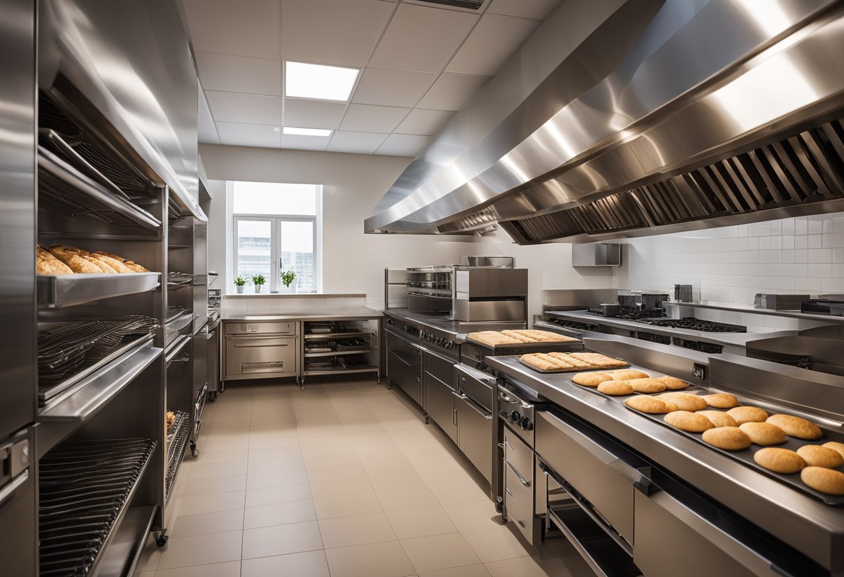 The small bakery kitchen is efficiently laid out with a central work area, ample storage, and easy access to ovens and prep stations