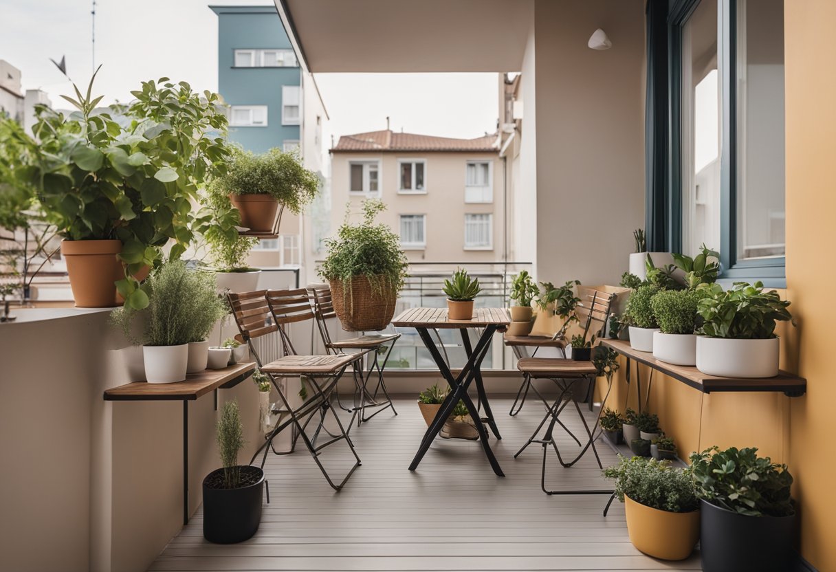 A small balcony with potted plants, folding chairs, and a small table. The space is maximized with hanging planters and a wall-mounted shelf