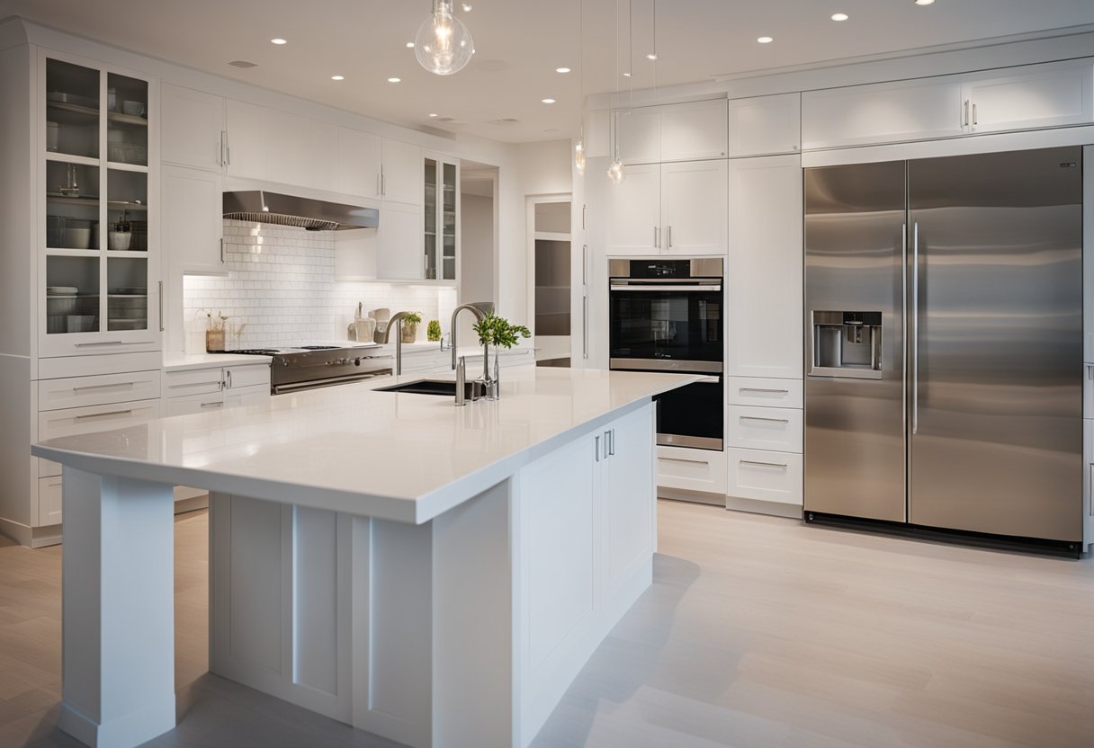 A bright, modern kitchen with sleek white Ikea cabinets, stainless steel appliances, and a large island with a quartz countertop