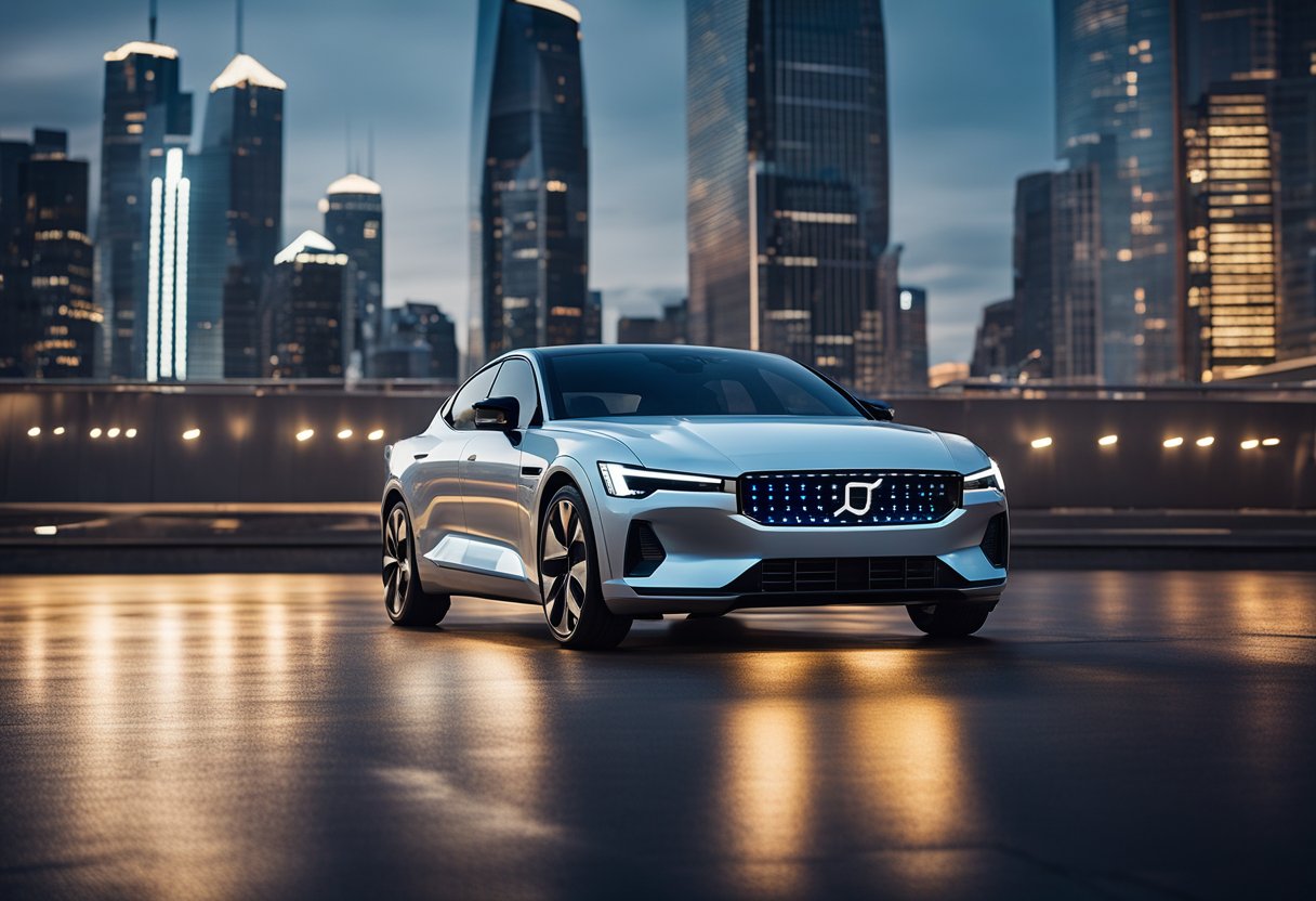 A sleek Polestar EV, adorned with neon lights, speeds through a futuristic cityscape, surrounded by towering skyscrapers and flying vehicles