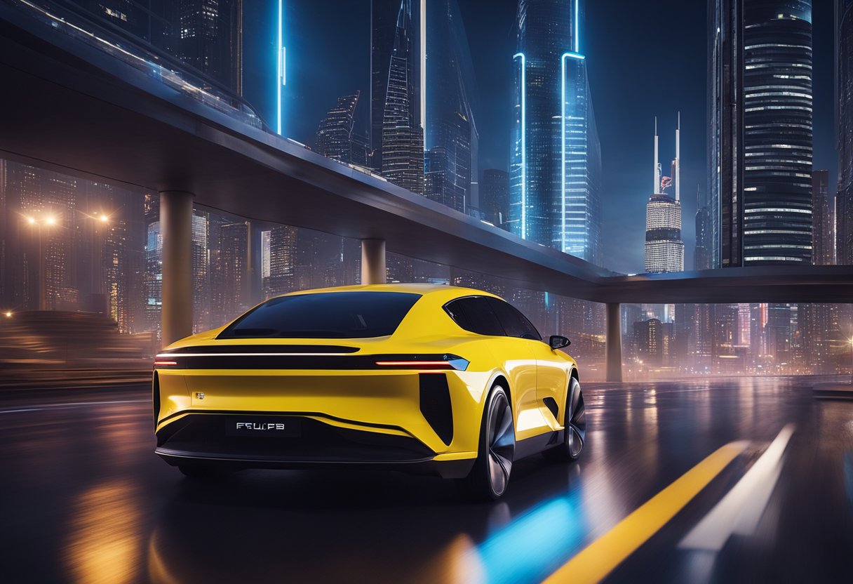 A sleek, futuristic Polestar Pulp EV glides through a neon-lit cityscape, with towering skyscrapers and flying vehicles in the background, evoking a cyberpunk aesthetic