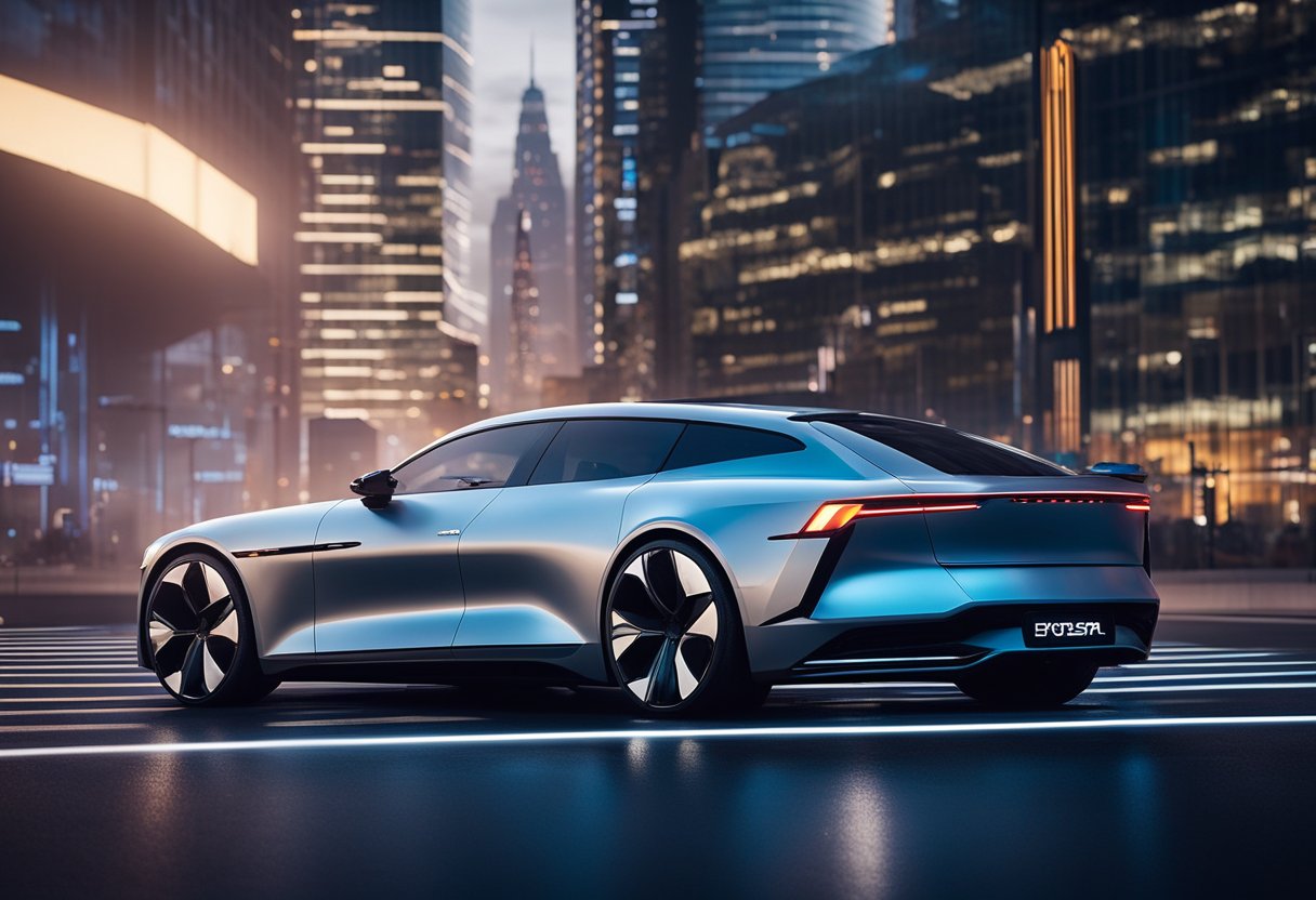 A sleek, futuristic Polestar EV glides through a neon-lit cityscape, surrounded by towering skyscrapers and flying vehicles. The car's angular design and glowing accents exude a sense of cutting-edge technology and cyberpunk aesthetic