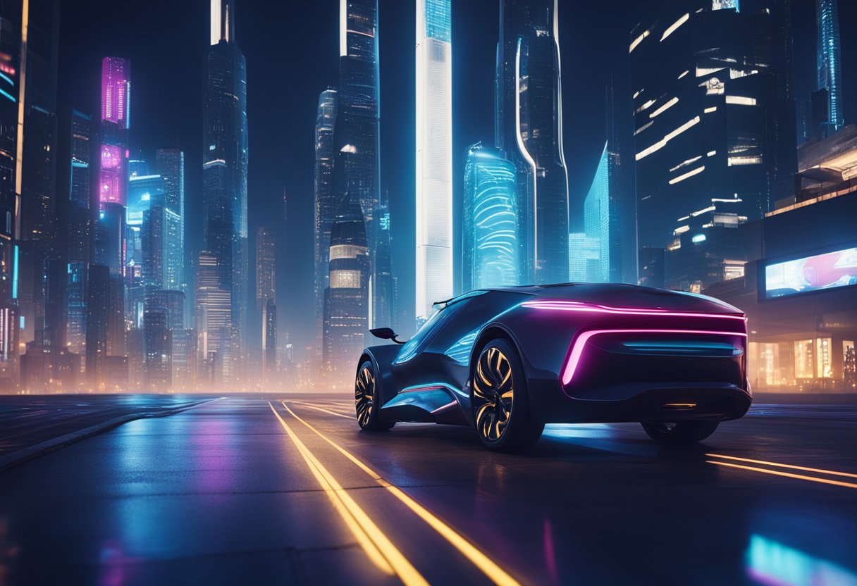 A futuristic cityscape with neon-lit streets and towering skyscrapers. A sleek Swedish EV car is featured prominently, surrounded by cyberpunk elements and futuristic technology