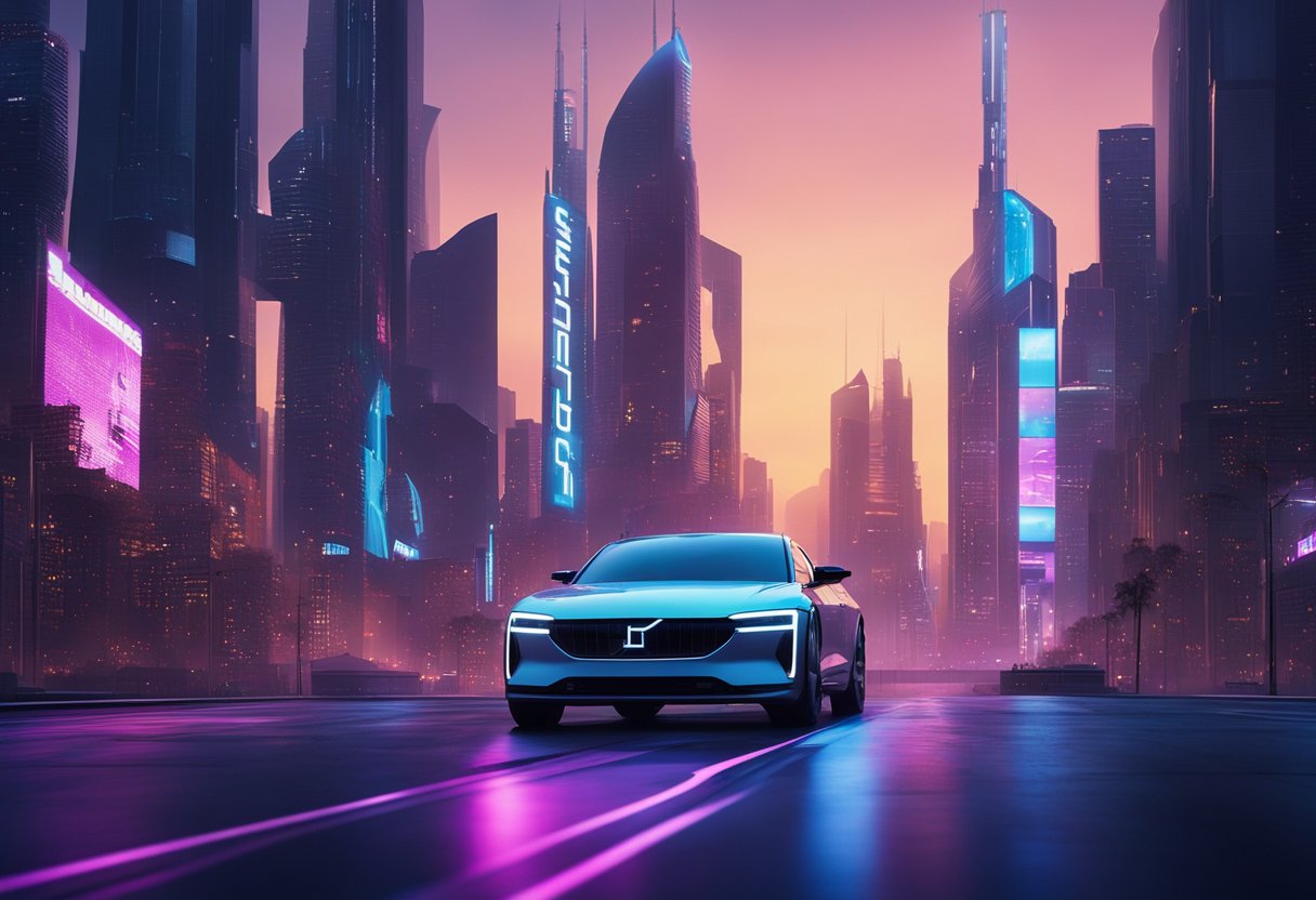 A sleek Polestar EV glides through a neon-lit cyberpunk cityscape, surrounded by towering holographic billboards and futuristic skyscrapers