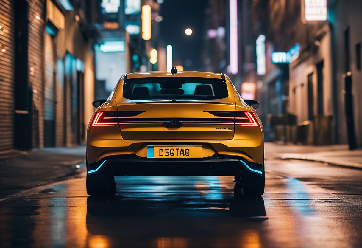 The sleek Polestar Pulp EV emerges from a neon-lit alley, its angular design reflecting the cyberpunk aesthetic. It stands out against the futuristic cityscape, a symbol of innovation and style