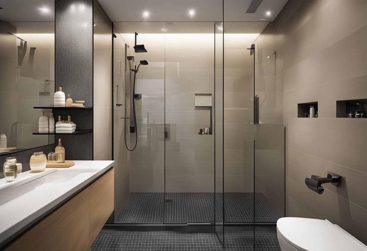 A modern toilet shower design with sleek fixtures and glass enclosure, surrounded by neutral-colored tiles and a built-in shelf for toiletries