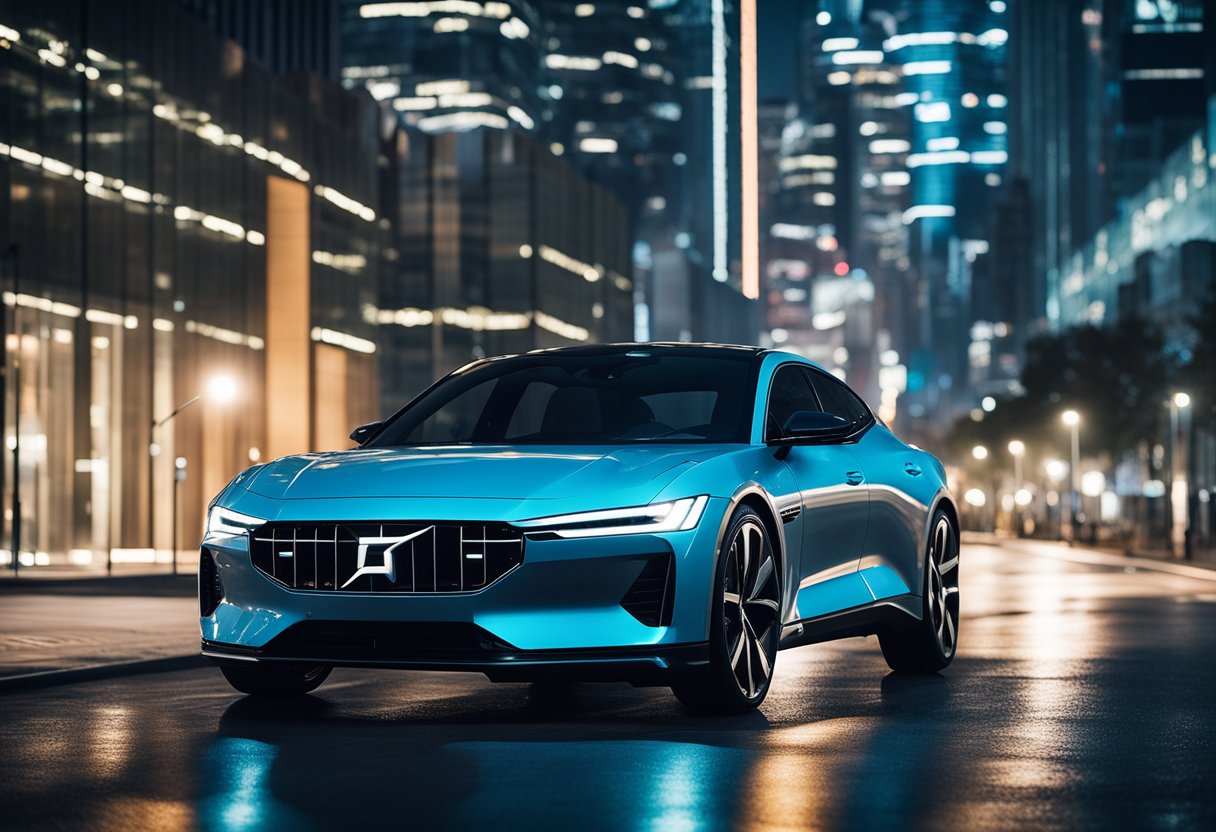 A sleek Polestar EV hovers amidst neon-lit skyscrapers, its futuristic design reflecting the cyberpunk aesthetic. Sci-fi novels line the streets, featuring the iconic vehicle as a symbol of advanced technology