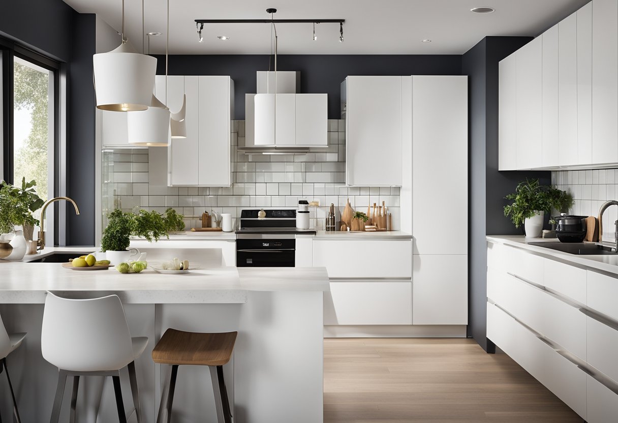 A modern kitchen with sleek white Ikea cabinets, accented by a bold pop of color on the island. Minimalist hardware and clean lines complete the contemporary design