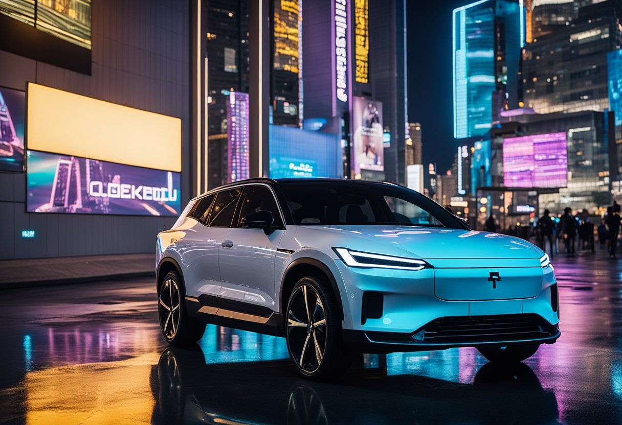 A sleek Polestar EV sits amidst futuristic cityscape, neon lights reflecting off its polished surface. A holographic display above reads "Frequently Asked Questions Polestar Pulp," capturing the essence of cyberpunk sci-fi