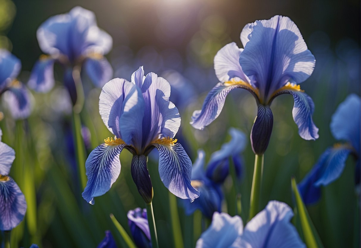 A close-up of a blue iris with light reflecting off the surface, showcasing the intricate patterns and hues of blue