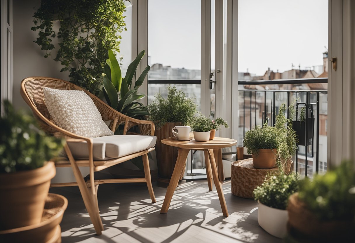 A cozy balcony with stylish furniture, soft cushions, and potted plants creates a comfortable and inviting space