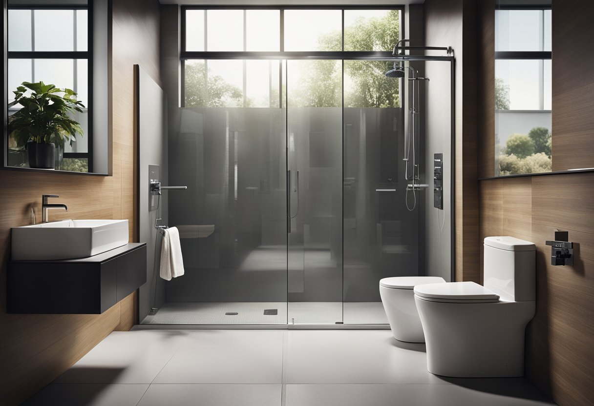 A sleek, modern toilet with an integrated shower head and adjustable water settings. A glass partition separates the shower area from the rest of the bathroom