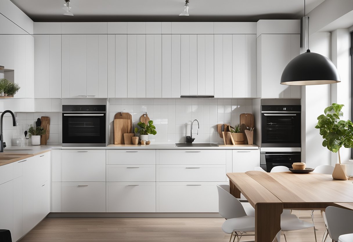 A modern kitchen with sleek, white IKEA cabinets, organized with efficient storage solutions and stylish design elements