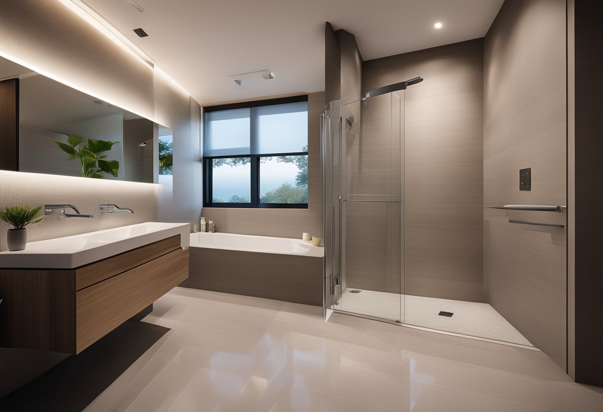 A modern toilet and shower design with sleek fixtures, soft lighting, and natural elements, creating a tranquil and functional bathroom ambience