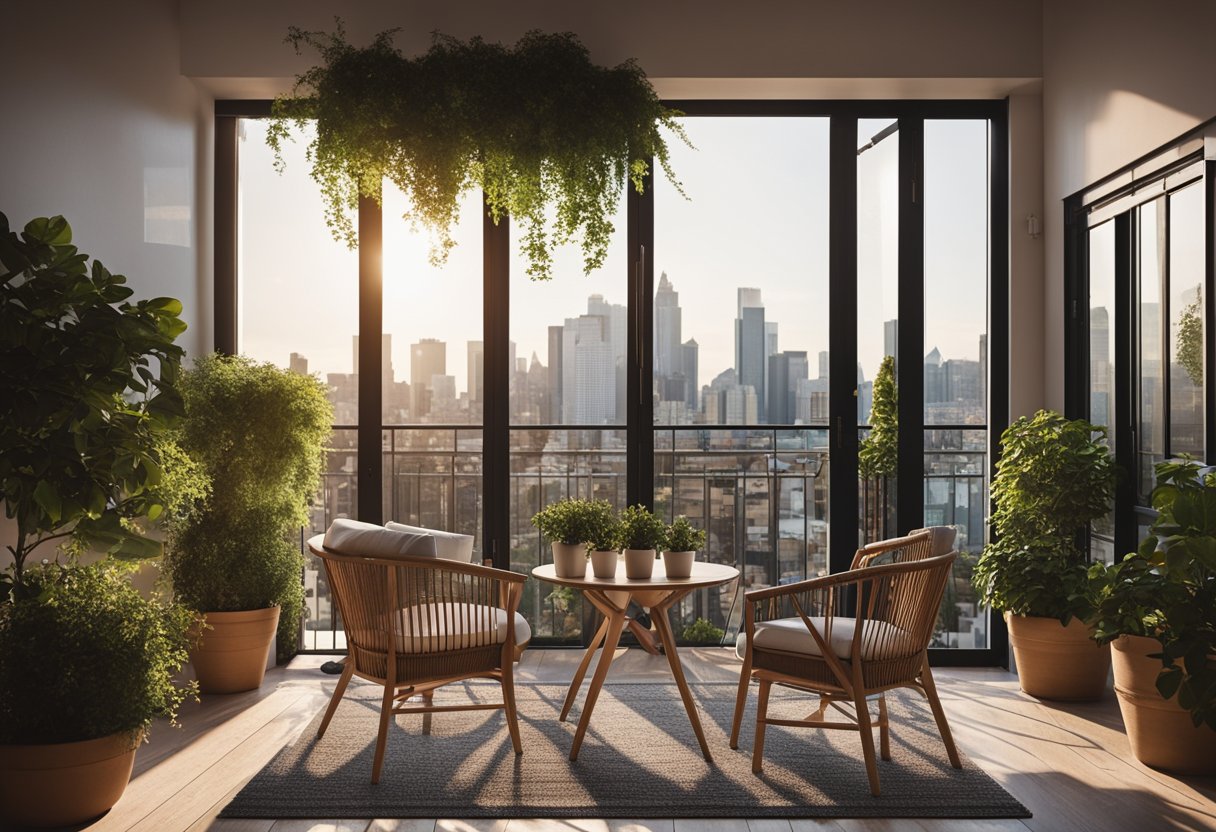 A cozy balcony with potted plants, a small bistro table and chairs, string lights, and an outdoor rug. The balcony overlooks a city skyline or lush greenery