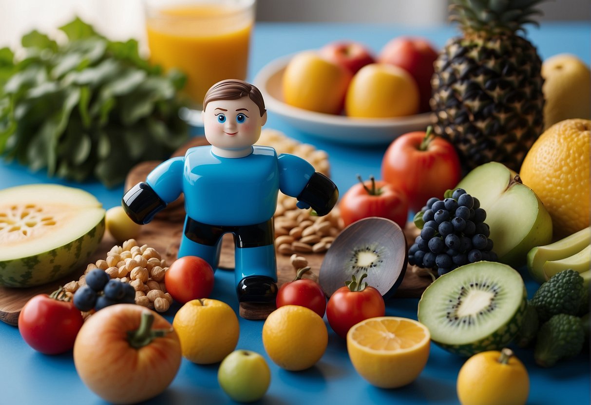 A blue-eyed figure surrounded by healthy food and exercise equipment